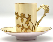c1891 W. GUERIN LIMOGES GOLD ENCRUSTED CHOCOLATE CUP & SAUCER, FLOWER HANDLE picture