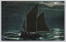 Postcard Greetings From Atlantic City New Jersey Moonlight Night View Sailboat picture