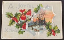 VINTAGE 1911 A JOYFUL XMAS BIRDS SITTING ON HOLLY BRANCH SILVER EMBOSSED USED VF picture