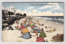 Postcard Linen FL Beach People Sunbathing Cars Ocean View Ft Lauderdale Florida picture