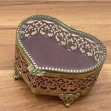 Vintage MATSON Stylebuilt Filigree Ormolu Gold Plated Beveled Heart Jewelry Box picture
