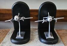Pier One Retro Style Twin Prop Airplane Bookends Spinning Chrome Black Wood Base picture