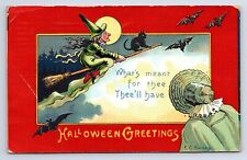 Postcard Halloween Greetings E.C. Banks Artist Signed Witch On Broom Black Cat picture