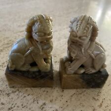Pair Intricately Carved Soapstone Guardian Lions Foo Fu? Dogs 4” Heavy picture