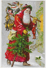 Long Red Robe Santa Claus with Tree~Toys~Antique Christmas Postcard~h846 picture
