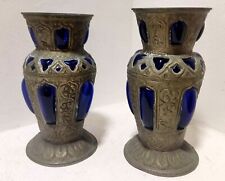 Antique Ornate Brass Hand-Carved on Blue Glass Pair Luxury Decorative Old Vases picture