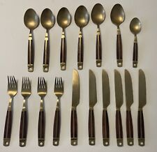 Vintage Set 17 pc Rosewood Wood Brass MCM Modern Flatware Spoons Knives Forks picture