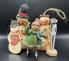 Vintage Primitive folk art rustic Snowman ornaments and signed clothespin figure picture