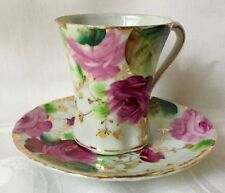 ELEGANT OLD CHOCOLATE CUP & SAUCER SET, CABBAGE ROSES, PROBABLY JAPANESE picture