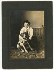 Antique c1900s Large Rare Cabinet Card Young Man Hat With German Shorthaired Dog picture