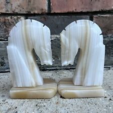 Horse Head Marble Stone Onyx Carved Bookends Pair Art Deco VTG MCM picture