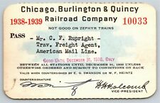 Scarce Railroad Annual Pass Burlington & Quincy Railroad Company 1938-39 10033 picture