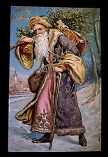 Long Fancy Blue Robe Santa Claus with Tree~Toys Antique Christmas Postcard~h853 picture