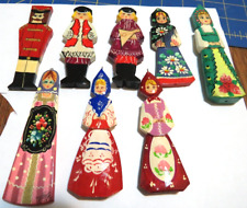 Vtg Lot of 8   Hand Carved & Painted Wooden Russian Folk Art Ornaments PEOPLE picture