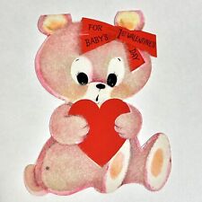 Valentines Card Flocked Die Cut Pink Bear Heart Bow Baby’s 1st Hallmark Vintage picture