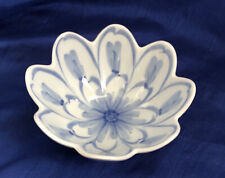 Vintage Blue & White Porcelain Footed  Bowl Scalloped Edge Floral Pattern picture