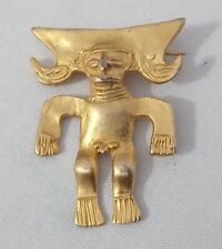 Vintage Gold Tone Metal Pin Brooch Pre-Columbian Mayan Style Figure picture