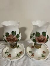 Antique Set Lamps Hand Painted Flowers White Milk Glass Set picture