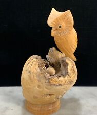 Vintage Hand Carved Wood Owl Folk Art Perched on Driftwood 6.75” tall picture