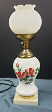 Vintage Milk Glass Hurricane Styled Table Lamp Marble Base Red Floral Design 17