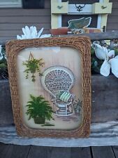 Vintage Faux-Rattan Framed Peacock Chair w/ 3D House Plants Wall Art picture