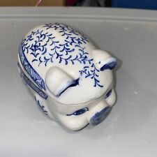 Vintage Blue & White Porcelain Pig Trinket Box picture