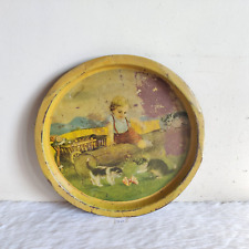Vintage Beautiful Baby With Kittens Graphics Round Tin Tray Old Collectible TR58 picture