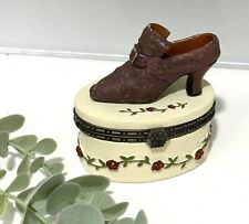 Vintage Oval Ceramic Shoe Trinket Box Hinged Lid Floral Design Jewellery Box Jar picture