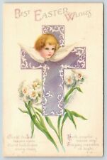 Ellen H Clapsaddle Easter~Flying Lil Girl Angel Face~Lavender Cross~Lilies~WOLF picture