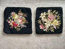 Pair Vintage Needlepoint Pillow Covers-Rose Design Black Background 12” X 12” picture