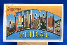 Greetings From Detroit Michigan Vintage Linen Large Letter Postcard Posted 1948 picture