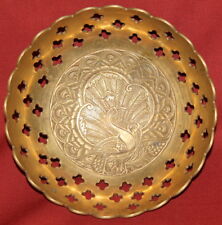 Vintage Solid Brass Peacock Relief Footed Bowl picture