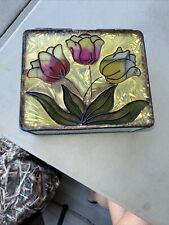 Vintage Stained Glass Floral Trinket/Jewelry Box W/ Chain. Medium size. Frosted. picture