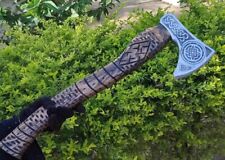 Handmade Etched Carbon Steel Blade Viking Throwing Axe - Ashwood Carved Handle picture