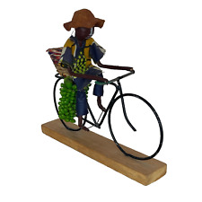 Paper Mache Man on Metal Bicycle African Handmade Sculpture Ornament VTG 8