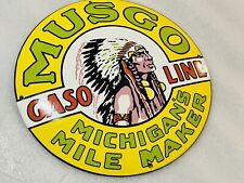 Dome Musgo Michigan Mile Marker Gasoline oil PORCELAIN ENAMEL SIGN Pump Plate picture
