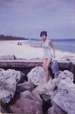 35mm Slide Casey Key Beach 1963 Vintage Rocks Venice Florida Woman Bathing Suit picture
