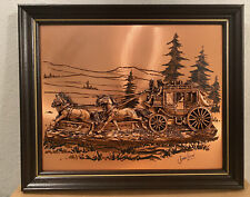 Vintage 70s John Louw 3D Copper US Mail Stagecoach 16X13 Wood Framed Picture picture