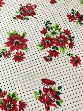 Vintage Round 65” Christmas Tablecloth Poinsettias Bells Polkadots 4” Trim picture