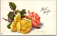 Blooming Orange & Yellow Rose Flowers, Best Wishes Greetings, Vintage Postcard picture