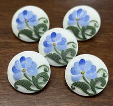 GORGEOUS Set of 5 Vintage BLUE FLOWER Painted White Glass Buttons - 7/8
