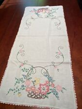 Vintage Embroidered Table Runner Linen Dresser Scarf Floral Basket Crochet Edge picture