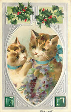 Embossed Postcard Tabby Or Calico Kittens Merry Christmas Art Nouveau Border picture