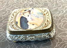 VTG Gold Filigree Ormolu Trinket Jewelry Box Footed French lady portrait by sea picture