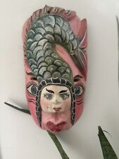 Vintage Carved Wood Face Mask Hand Painted Pink Green Serpent Brutalist Tribal picture