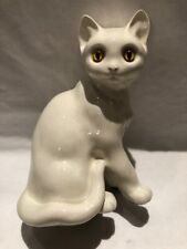 Vintage White Ceramic Cat Yellow Eyes Statue Figurine 7 1/8