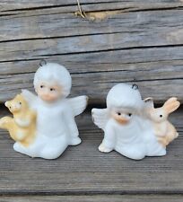 Vtg 2 Porcelain Miniature Angels With Animals Ornaments picture