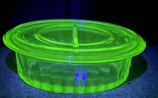 VTG Uranium Glass GLOWS Oval Refrigerator Dish Container Lidded Canister *Read picture