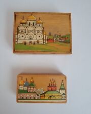 2 Vintage USSR Wooden Hand Carved Painted Trinket Box Churches 6X4X2- 5X3X1.5 picture