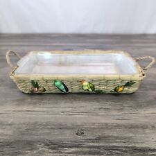 Vtg Wicker Raffia Vegetables Casserole Carrier with Vintage Pyrex Glass Dish 232 picture